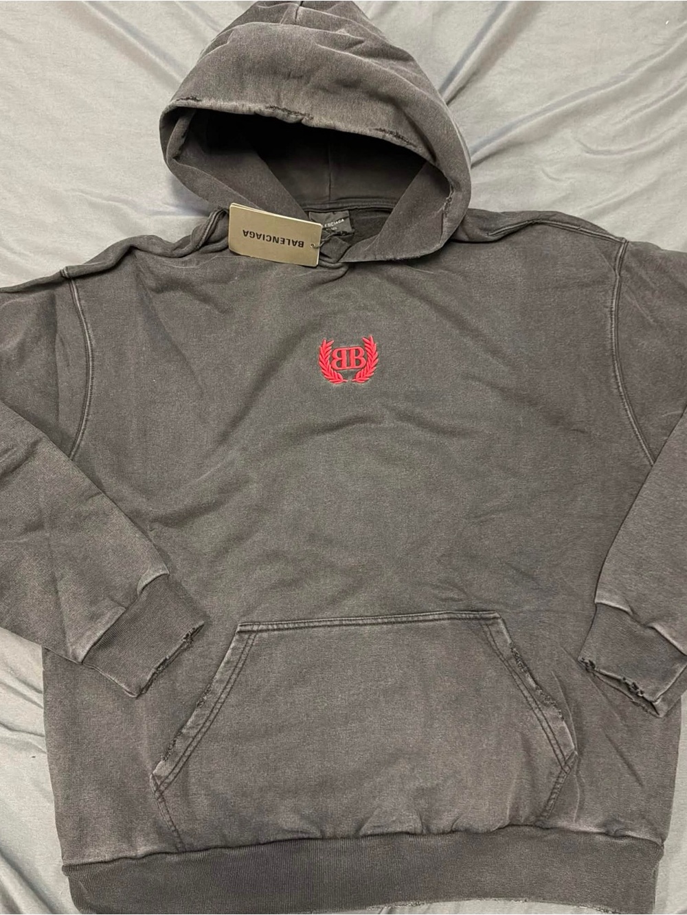 Balenciaga Men's Washed Charcoal Hoodie with Red Crest